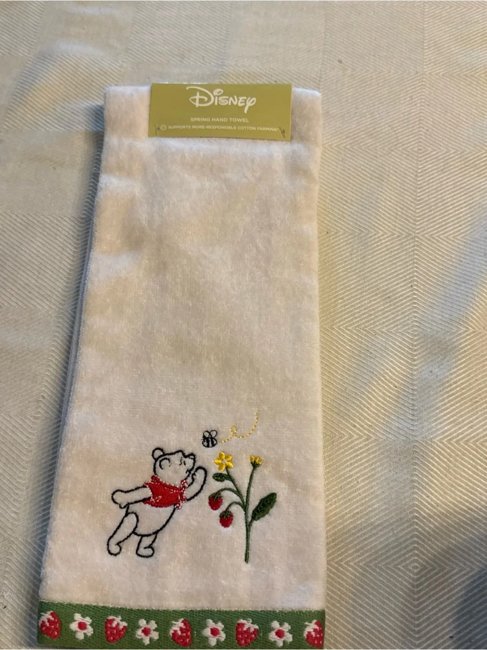 Disney White Winnie the Pooh Embroidered Bib with Green & Red Trim